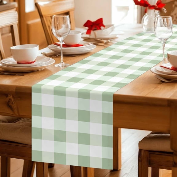 Simple White Green Buffalo Plaid Table Runner 36 Inches Long,Kitchen Dining Tablerunners Spring Checker Gingham Linen Table Runners Dresser Scarves for Home Dinner Wedding Holiday Party Decor