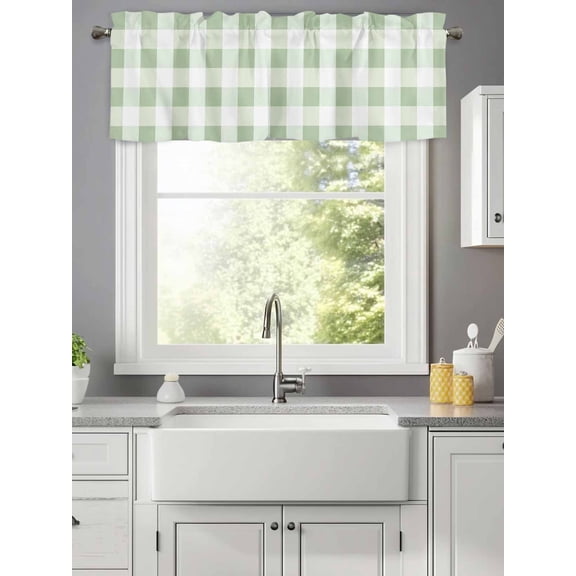 Simple White Green Buffalo Plaid Valances for Windows,Kitchen Valance Rod Pocket Short Curtain,Spring Checker Gingham Valance Curtain Window Valances for Bedroom Living Room 42x12in