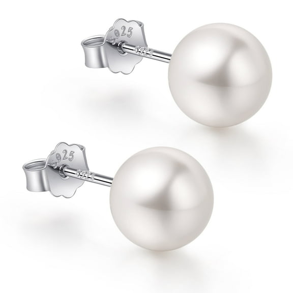 White Gold Plated Sterling Silver Pearl Stud Earrings for Women, White Pearl Wedding Earrings Hypoallergenic Jewelry