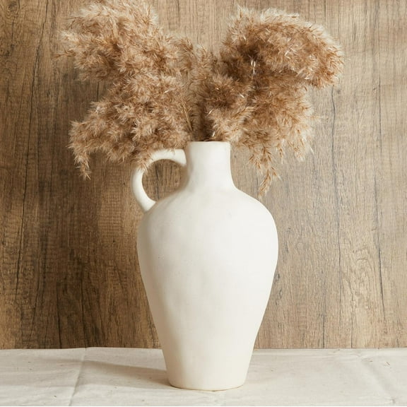 Simple White Single - handle Ceramic Vase, Decorated with Dry Grass, Creating a Natural and Warm Atmosphere