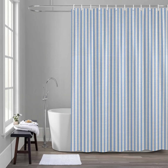 Simple White Striped 36x78 Inches Waterproof Shower Curtain, Blue Stripe Vintage Linen Texture Bath Curtain Set with 12 Hooks Washable Shower Curtains for Bathroom Bathtub Decor