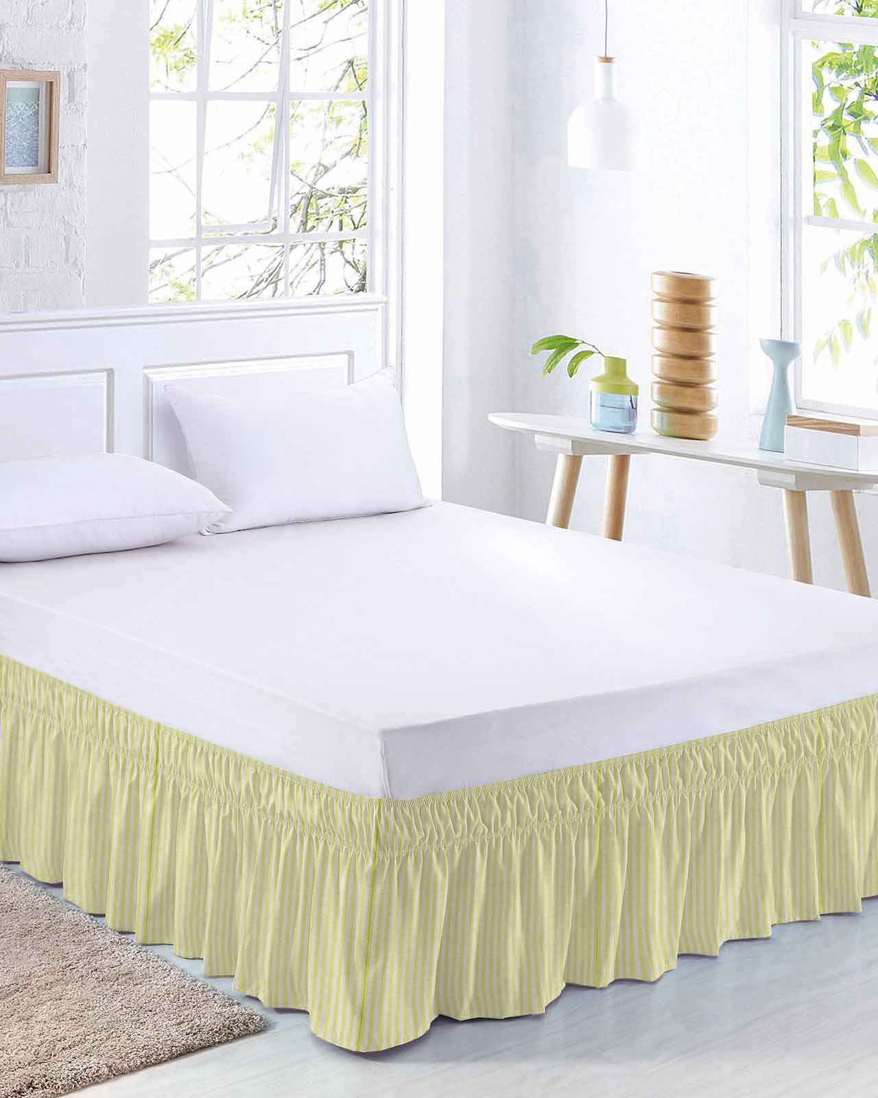 Simple White Striped Bed Skirt King Size 18 Inch Drop, Yellow Stripe Vintage Linen Adjustable Elastic Dust Ruffles Bedskirt for King Bed Wrap Around Pleated Mattress Frame Cover