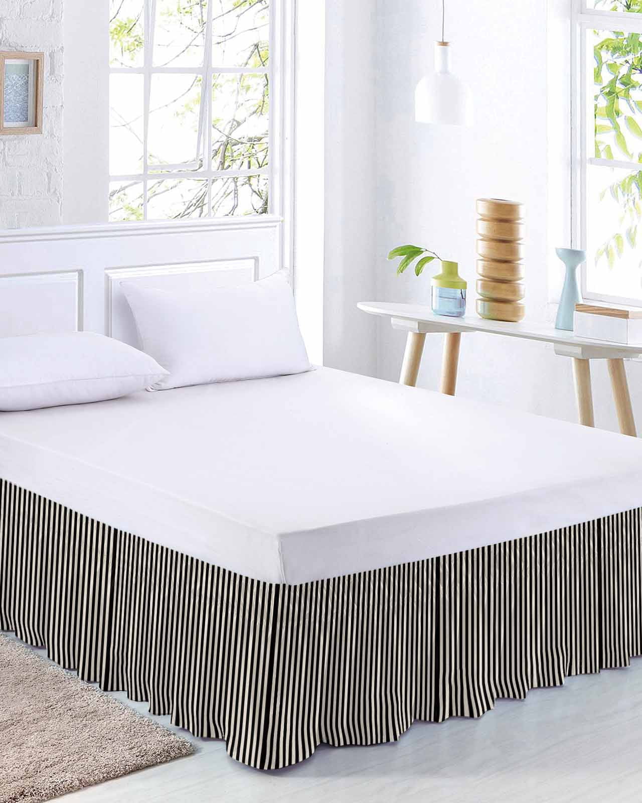 Simple White Striped Bed Skirt Queen Size 16 Inch Drop, Black Stripe Vintage Linen Texture Adjustable Elastic Dust Ruffles Bedskirt for Queen Bed Wrap Around Pleated Mattress Frame Cover