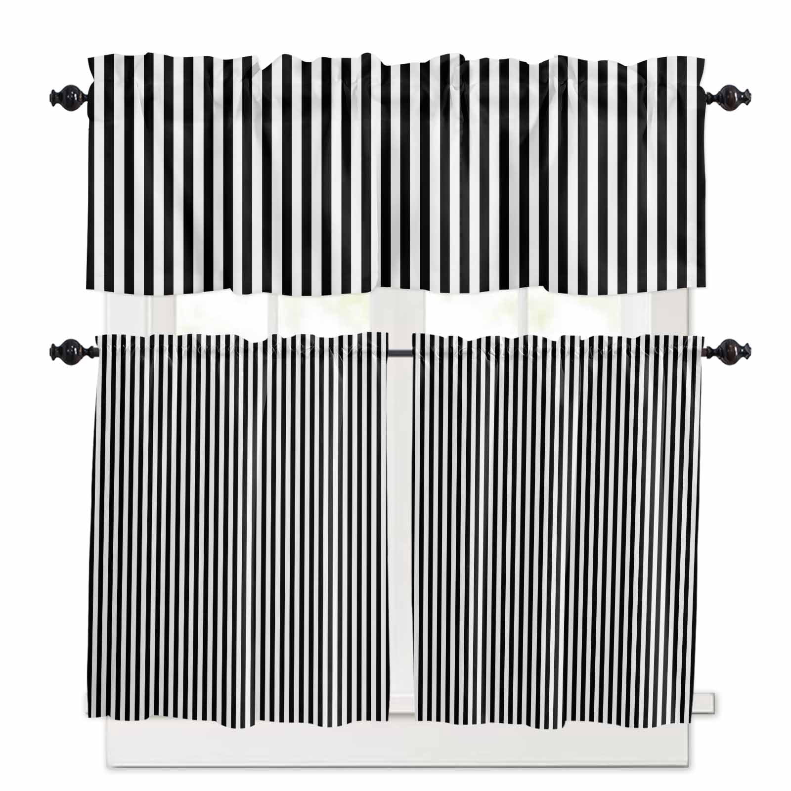 Simple White Striped Kitchen Curtains Valance and Tier Set Black ...