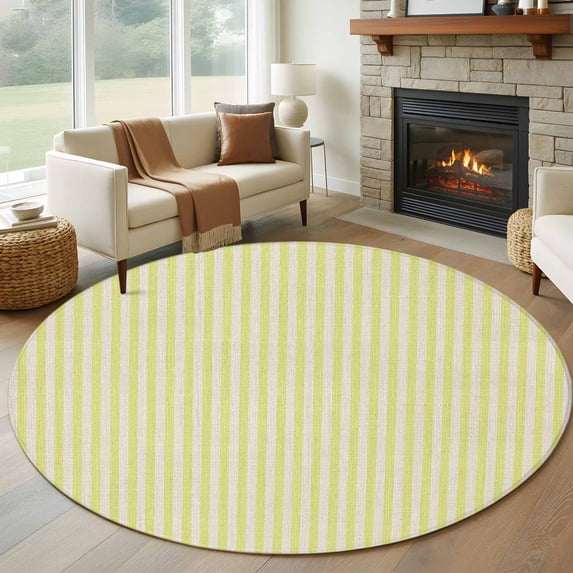 Simple White Striped Round Living Room Rugs 6 ft, Yellow Stripe Vintage Linen Washable Area Rug with Non-Slip Sturdy Edge Binding Round Carpet for Kitchen Office Bedroom