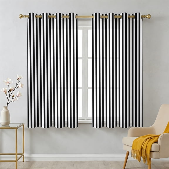 Simple White Striped Sheer Curtains 45 Inch Long 2 Panels, Black Stripes Modern Style Light Filtering Semi Sheer Drapes Grommet Voile Window Curtain for Living Bedroom W42 x L45