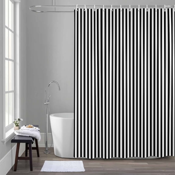 Simple White Striped Shower Curtain for Bathroom Decor, Black Stripes Modern Style Waterproof Fabric Shower Curtain, 60"x72" Set with 12 Hooks
