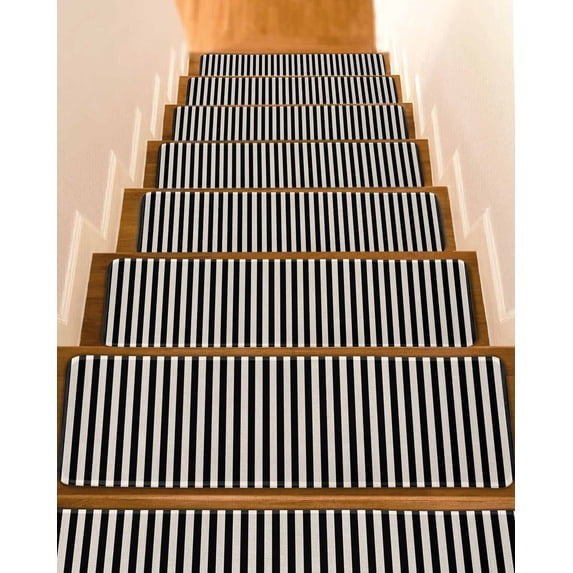 Simple White Striped Stair Treads Non Slip for Steps Black Stripe Vintage Linen Texture 4 Pcs Reusable Adhesive Stair Runner Mats for Dogs Elders Carpet Treads Rugs for Staircase 8x30 In