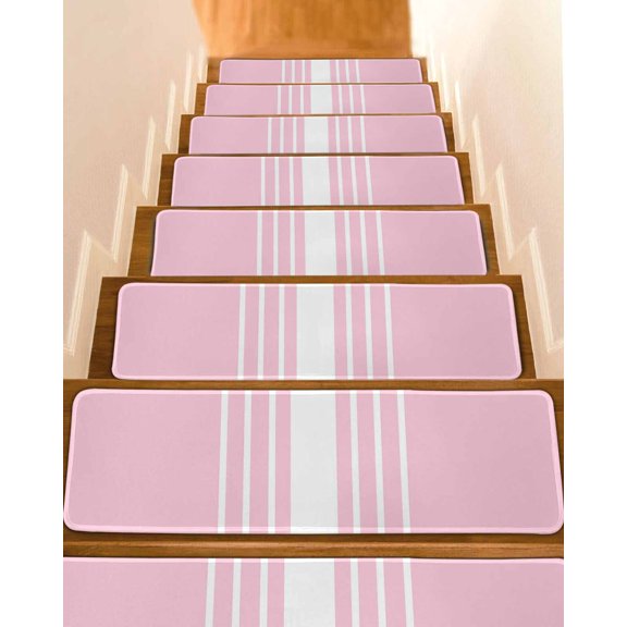 Simple White Striped Stair Treads Non Slip for Steps Modern Pink Background Abstract 4 Pcs Reusable Adhesive Stair Runner Mats for Dogs Elders Carpet Treads Rugs for Staircase 8x30 In