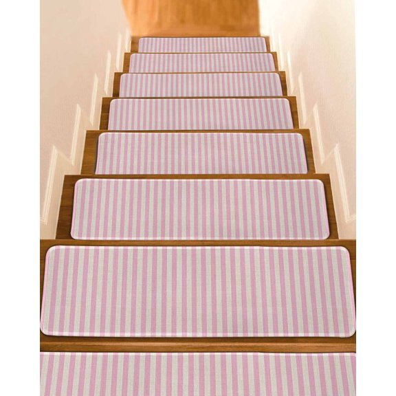 Simple White Striped Stair Treads Non Slip for Steps Pink Stripe Vintage Linen 4 Pcs Reusable Adhesive Stair Runner Mats for Dogs Elders Carpet Treads Rugs for Staircase 8x30 In