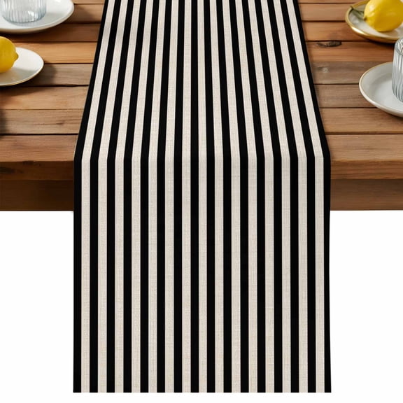 Simple White Striped Table Runner, Black Stripe Vintage Linen Texture Cotton Linen Table Cloth, Tablerunner for Kitchen Dining Party Wedding Home Decor 13x48 Inch