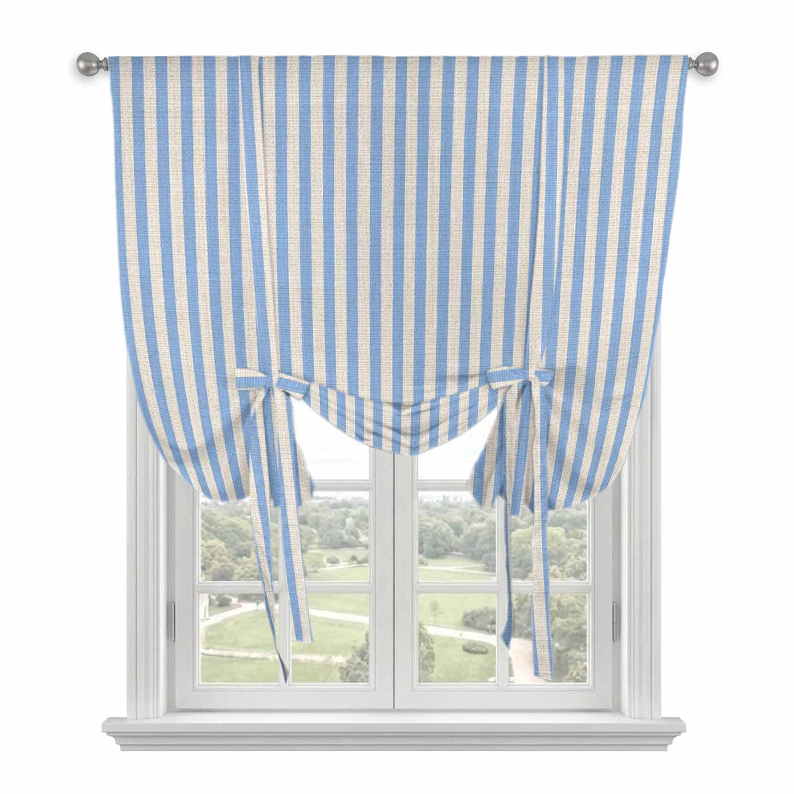 Simple White Striped Tie Up Curtain for Window, Blue Stripe Vintage Linen Texture Adjustable Tie Up Balloon Curtain Valances Rod Pocket Window Treatment for Kitchen Bathroom Bedroom 34"x45"