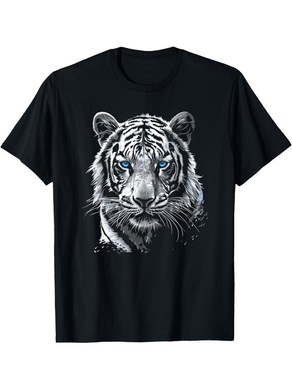 Simple White Tiger Face Blue Eyes Black T-Shirt, Unisex T-Shirt