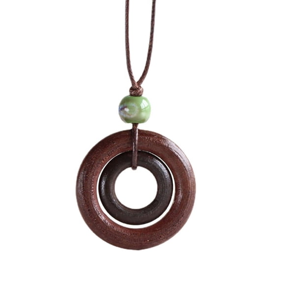 Simple Wooden Round Ring Necklace Vintage Long Sweater Chain Adjustable Leathers Cord Necklace Jewelry for Women Men