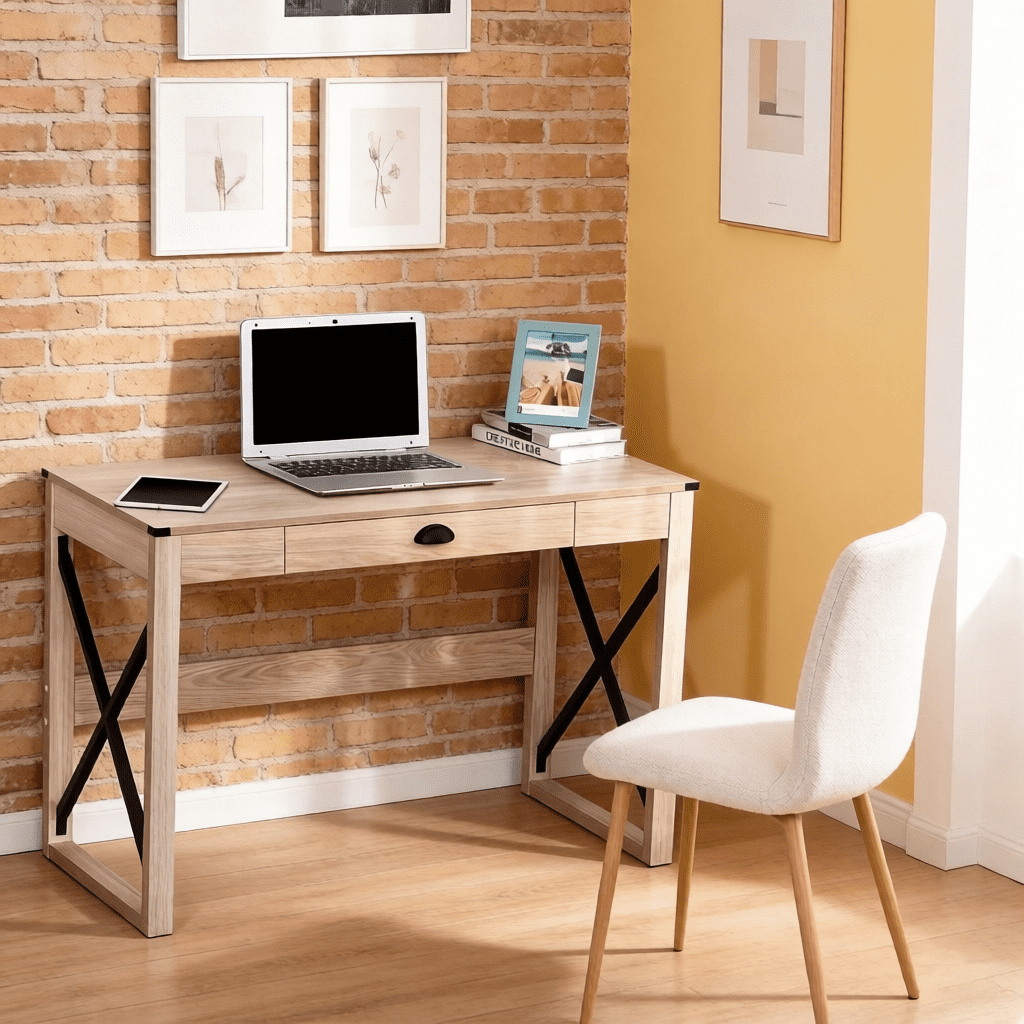 Simple Writing Computer Desk with Storage Drawer, X-Shaped Steel Frame Particleboard Work Table, Multi-Purpose Vanity Desk for Bedroom Office Study, Natural & Black Available