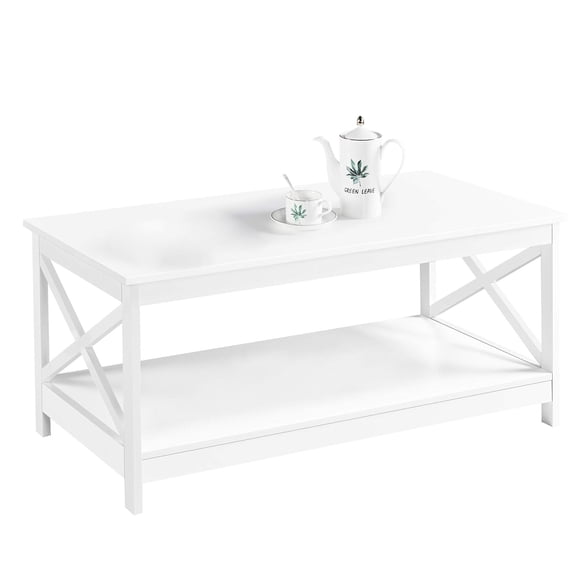 Simple X-Design Cocktail Coffee Table with Storage Shelf, Farmhouse 2-Tier Center Table for Living Room, Office, Bedroom, Sturdy White