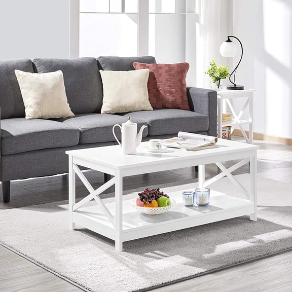 Simple X-Design Coffee Table with Storage Shelf, Farmhouse 2-Tier Center Table for Living Room Office