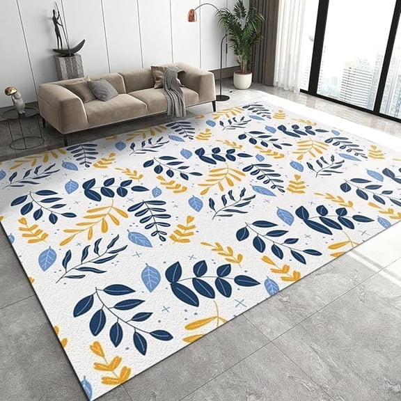 Simple Yellow Blue Grass Leaf Area Rug, Leaf Plant Creative Art Non Slip Living Room Rug, Stain Resistant Durable Carpet For Indoor Bedroom Office Decor Mat 5x8ft