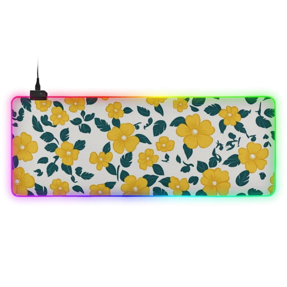 Simple Yellow Floral RGB Gaming Mouse Pad Large Keyboard Mat Rubber Base 13 Light Modes
