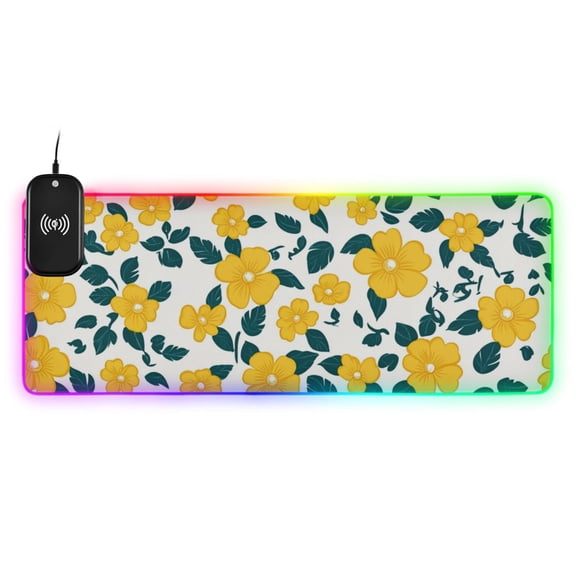 Simple Yellow Floral Wireless Charging RGB Gaming Mouse Pad Large Keyboard Mat Rubber Base 13 Light Modes