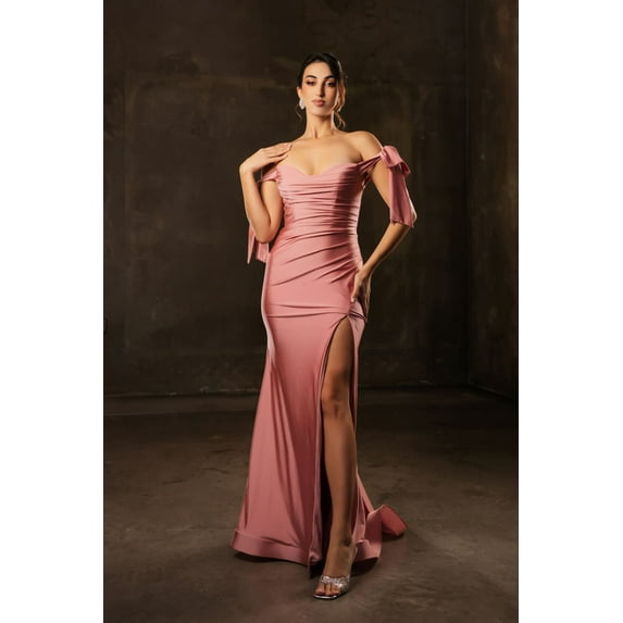 Women's May Queen Stretch Bodycon Ruched Off The Shoulder Prom 2026 Dress Dustyrose Pink Size 4