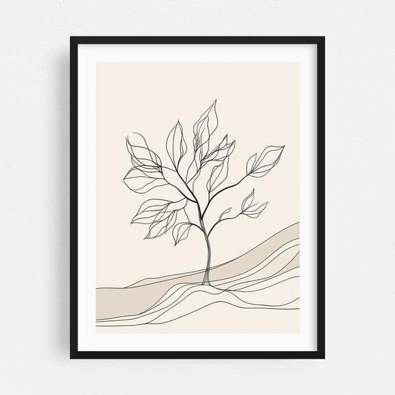 Simple Yet Striking Minimalist Floral Line Art - Line Drawing Line Art Minimalist Abstract Botanical Nature Floral Modern Art Black Framed Wall Art Print 16 x 20 inches