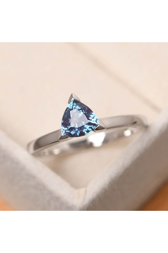 Simple alexandrite ring,sterling silver solitaire promise ring,trillion cut June birthstone ring