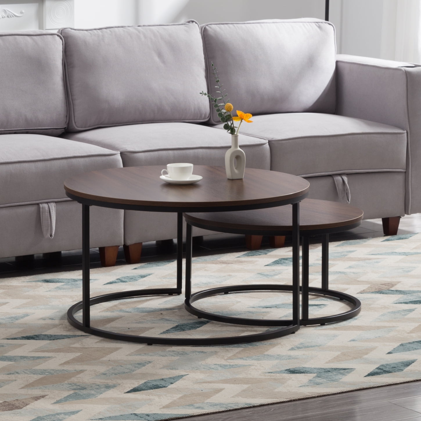 Simple and Stylish Modern Nesting Round Coffee Table Set of 2, Brown ...