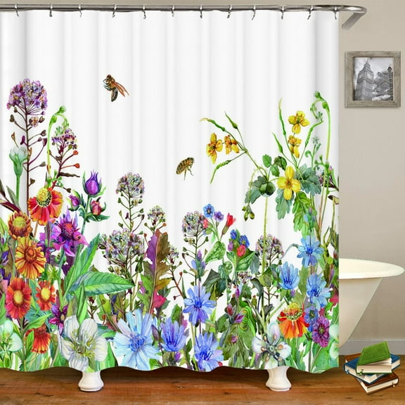 Simple and beautiful grass flower printed shower curtain polyester waterproof curtain with hook bathroom curtain home decoration