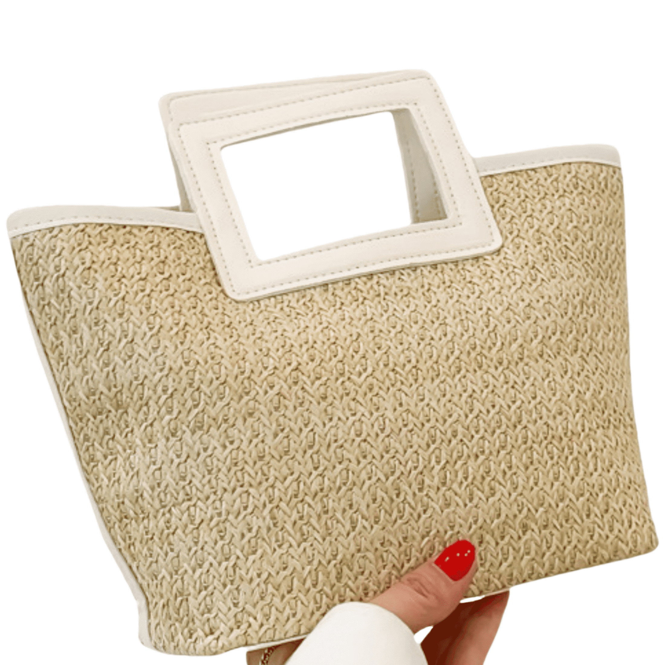 Women's Beige Straw Tote Bag - White Square Open Handle, Versatile for Daily & Vacation
