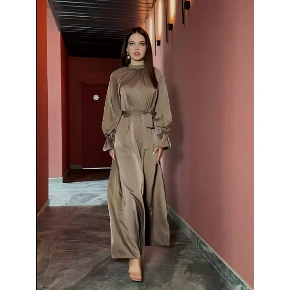 PAOLA RIBONI Modest Simple Brown Satin Dress With Stylish Sash Full Sleeves Round Neck Elegant Design Ideal For Women Who Appreciate Timeless Fashion