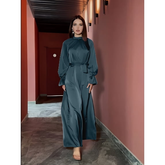 PAOLA RIBONI Modest Simple Brown Satin Dress With Stylish Sash Full Sleeves Round Neck Elegant Design Ideal For Women Who Appreciate Timeless Fashion