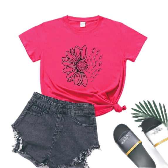 Simple flower print T-shirt European and American short-sleeved women's casual wish top-Rose Red-M