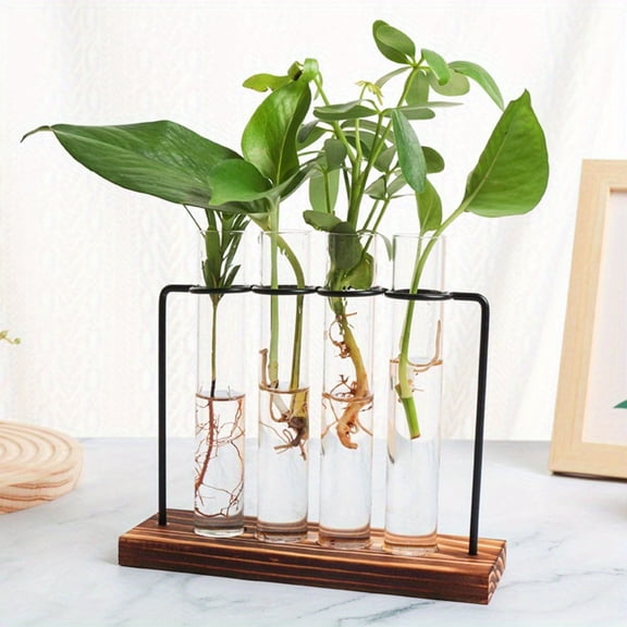 Simple home iron art wooden test tube glass decoration hydroponic green plant flower vase interior porch