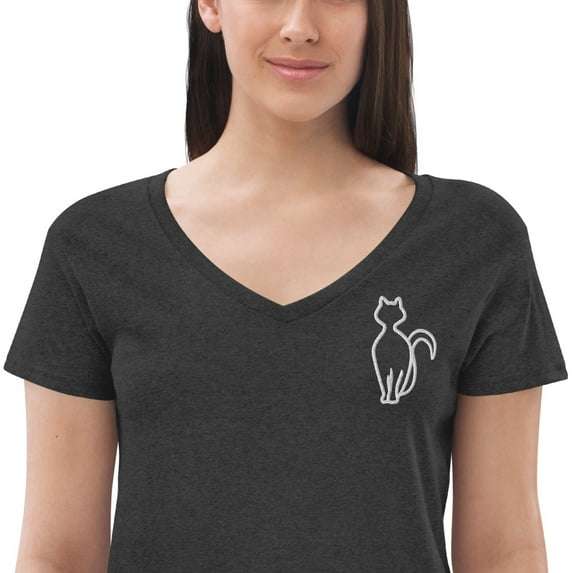 Simple line White Cat Embroidered recycled V-Neck Tee (Charcoal Heather, XL)