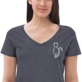 thumbnail image 1 of Simple line White Cat Embroidered recycled V-Neck Tee  (Heathered Navy, S), 1 of 4