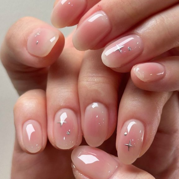 Simple popular blush gradient nail art false nails, short round short style, gentle temperament press-on nail tips
