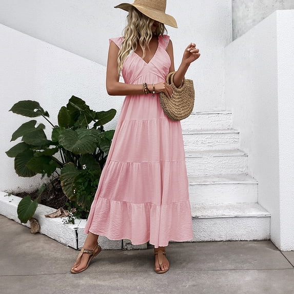 Simple sleeveless V-neck white beach vacation dress