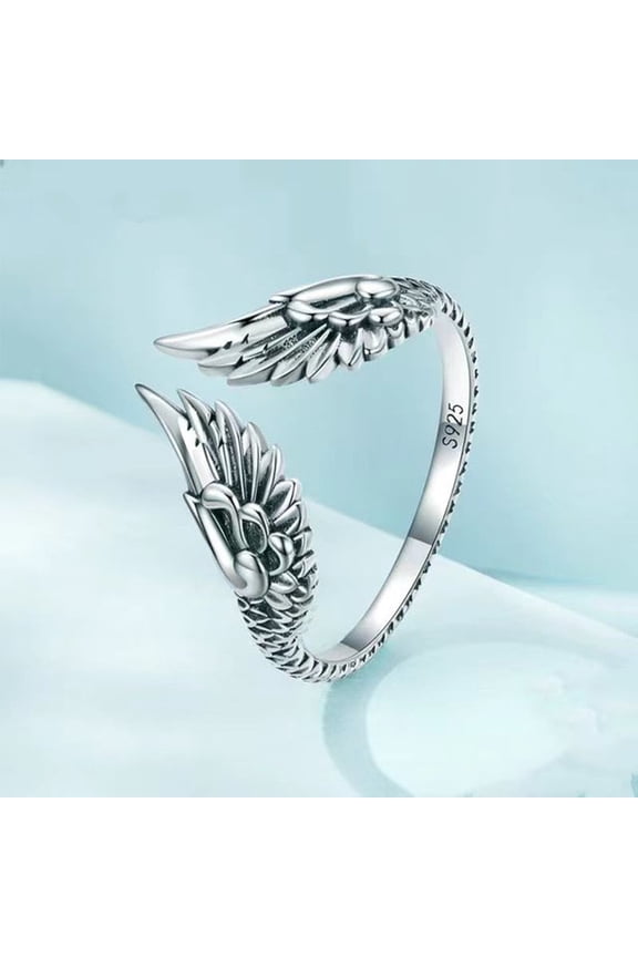 Simple style Cute 925 Sterling Silver Wing Cuff Rings with S925 Stamp Antique Silver Inner Diameter: 16~19mm