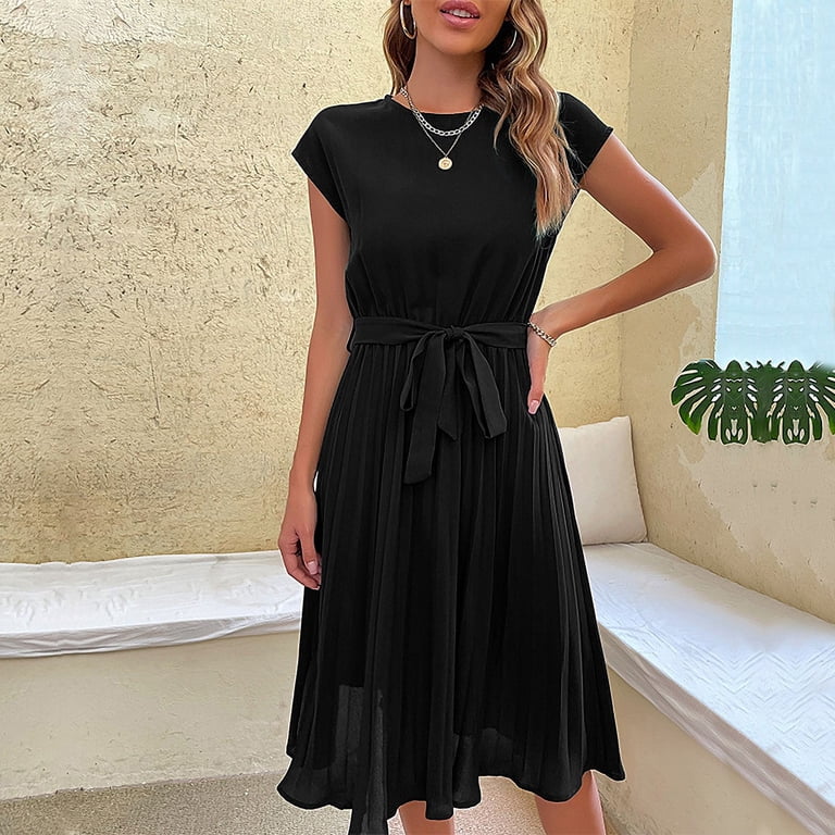 simple pleated dress Simple women's summer casual solid color pleated dress