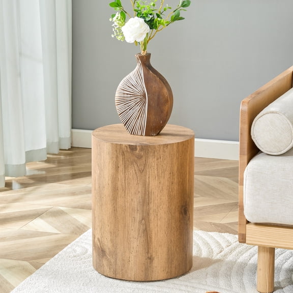 Simple wood grain cylindrical coffee table, 11.8-inch diameter x 15.7 inch height, MDF material living room furniture. Suitable for industrial style living rooms.