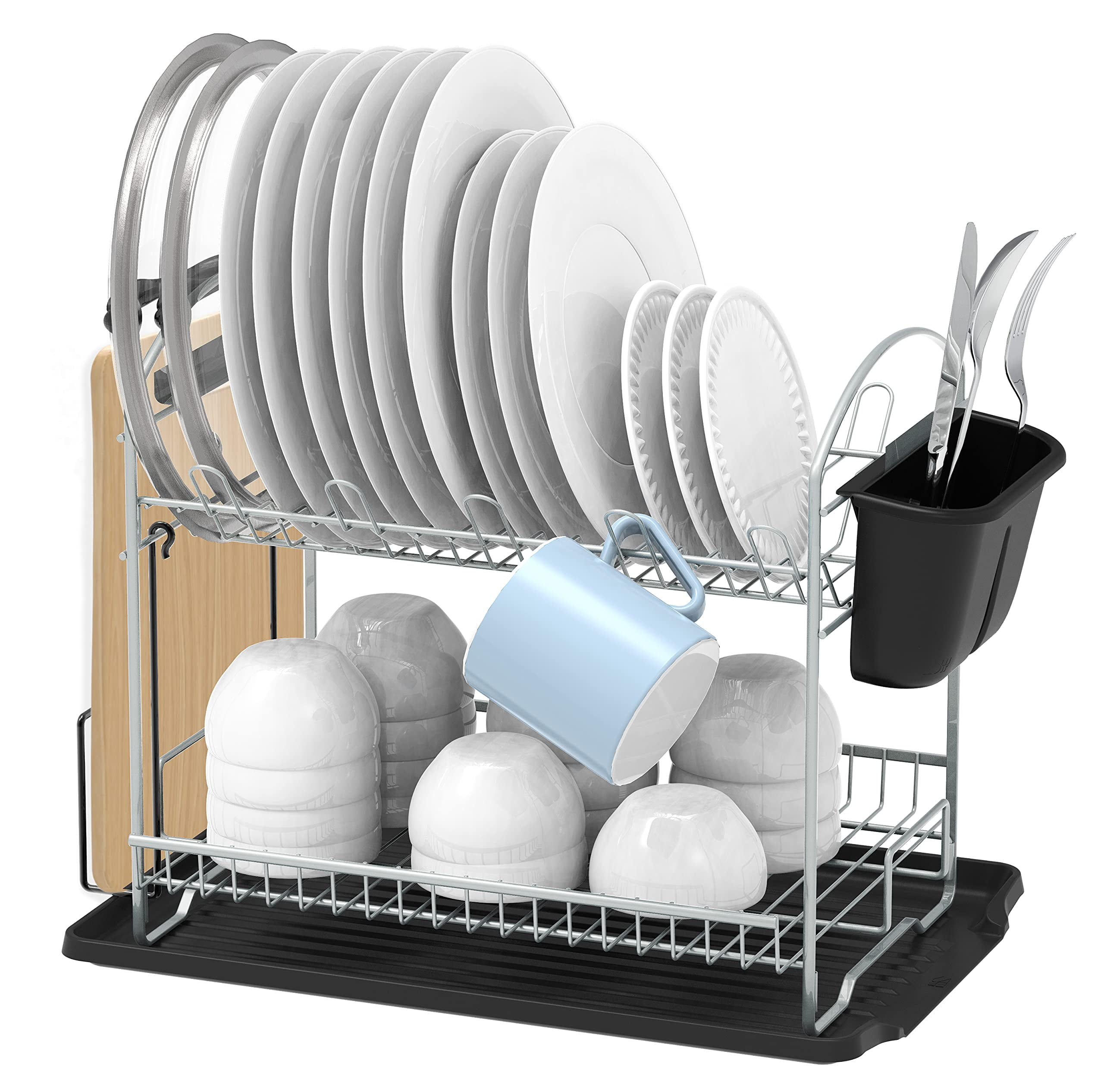 2-Tier Deluxe Kitchen Dish Drying Rack (Silver/Black), by Home Basics | Big  Dish Drying Rack for Plates, Teacups, Bowls, Cups, and Silverware 