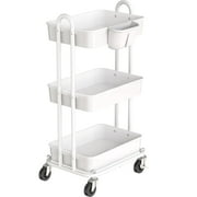 SimpleHouseware 3-Tier Kitchen Cart Multifunctional Rolling Utility Cart with Hanging Bucket, White