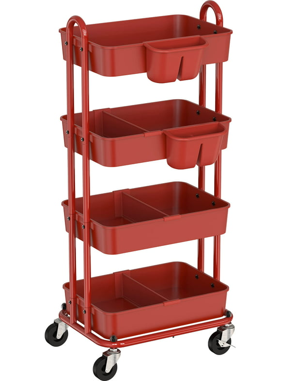 SimpleHouseware 4-Tier Multifunctional Rolling Utility Cart with Basket Dividers and Hanging Buckets, Red