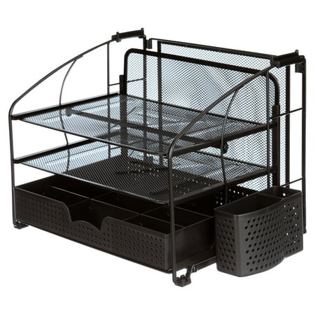 SimpleHouseware Desk Organizer 3 Tray w/Sliding Drawer, Hanging File Holder and Pen Holder Accessory, Black