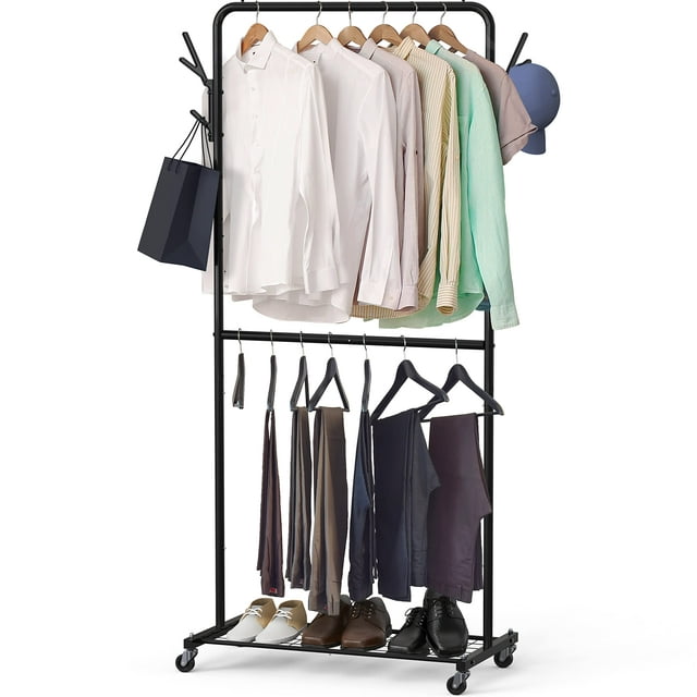 SimpleHouseware Black Double Rod Clothes Hanging Garment Rack with
