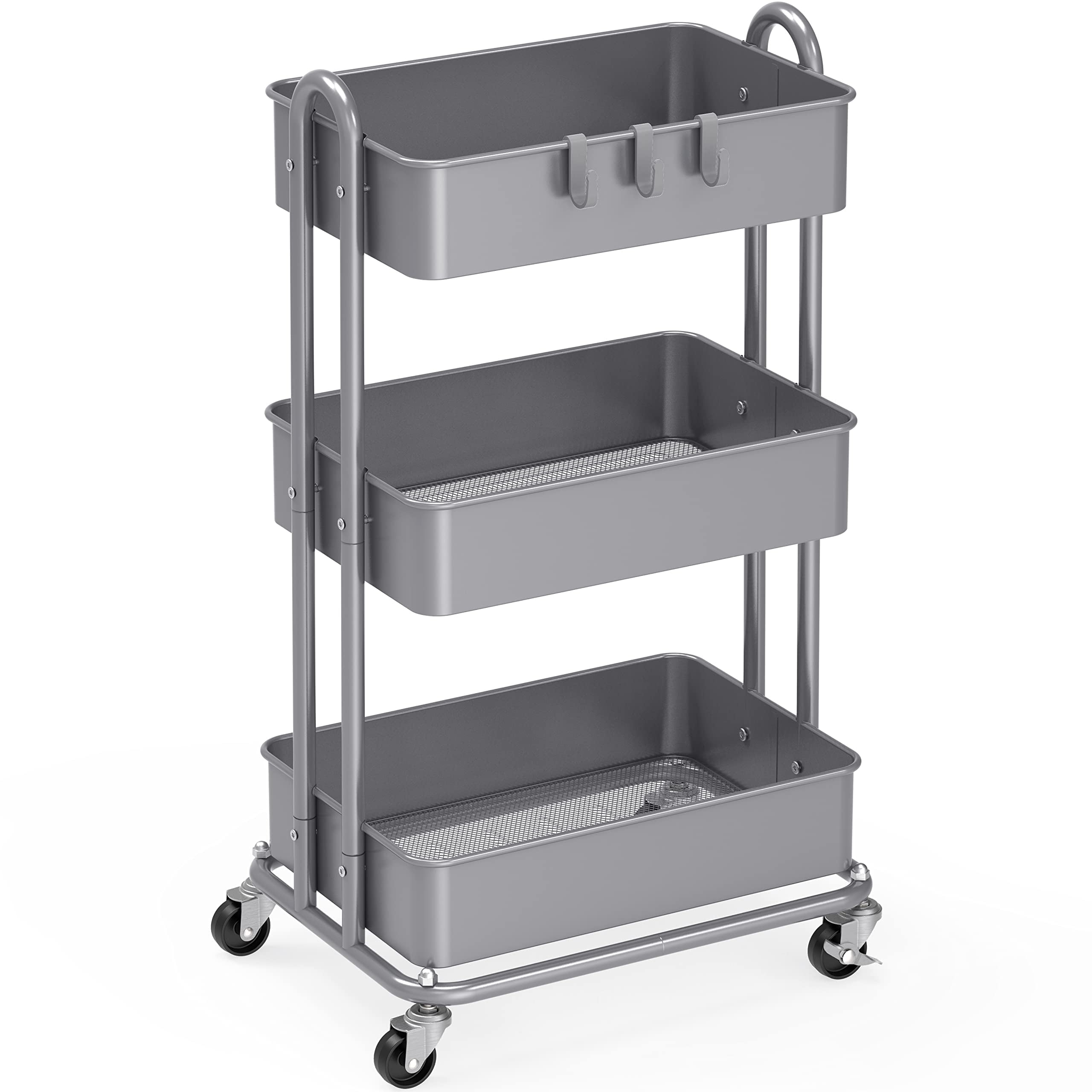 FUNKOL 3-Tier Silver Kitchen Shelf Simple Deluxe Heavy Duty Steel Storage Shelf Unit Multifunctional Cart