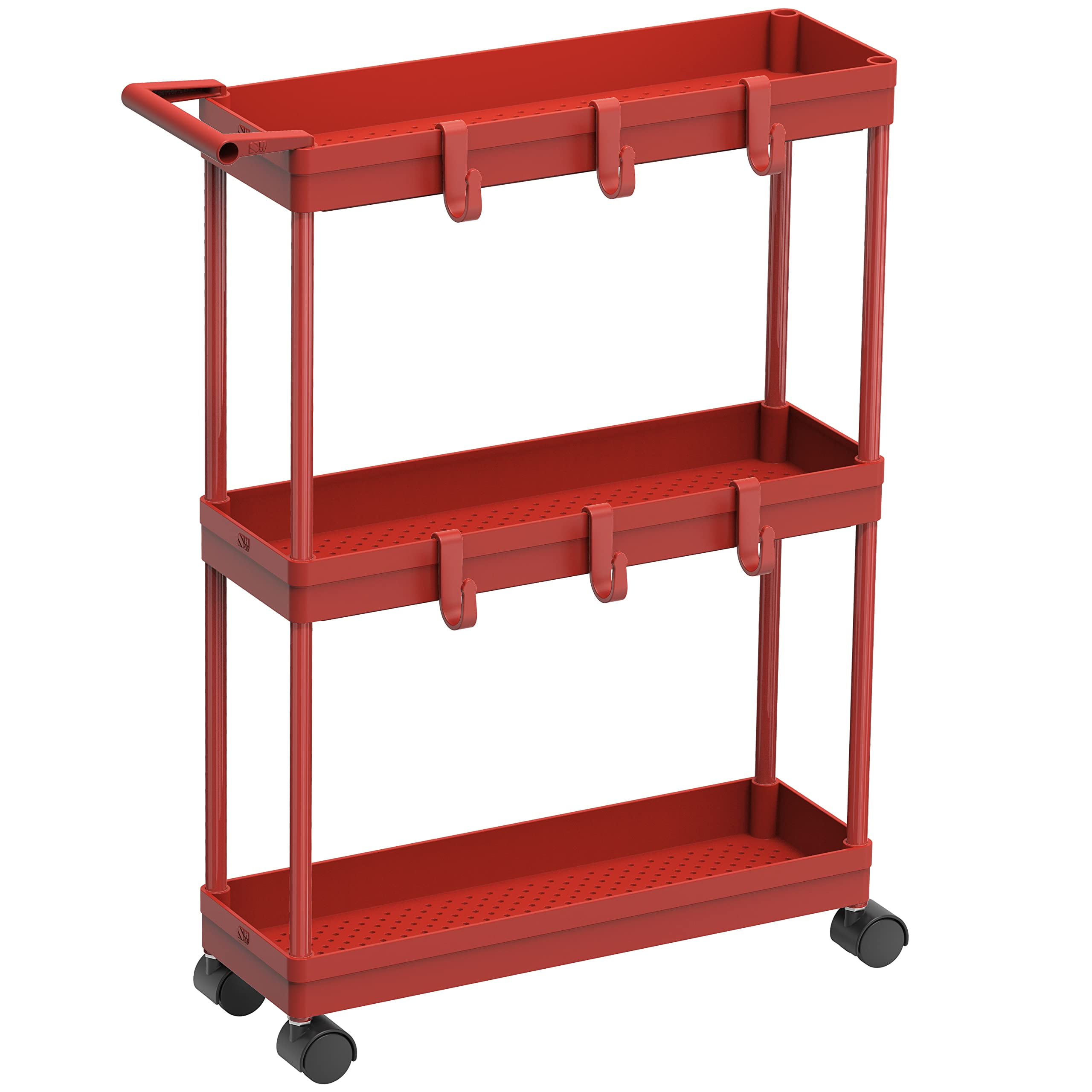 SimpleHouseware Kitchen Cart Storage 3 Tier Slim Super Narrow Shelves with Handle 26.5 Height 5.5 Width for Narrow Place Red
