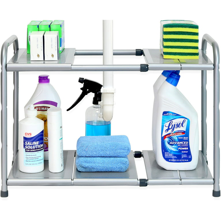 SimpleHouseware Under Sink 2 Tier Expandable Shelf Organizer Rack, Silver  (expand from 15 to 25 inches), Includes 7 Panels -3 Large Panels and 4  Small Panels 