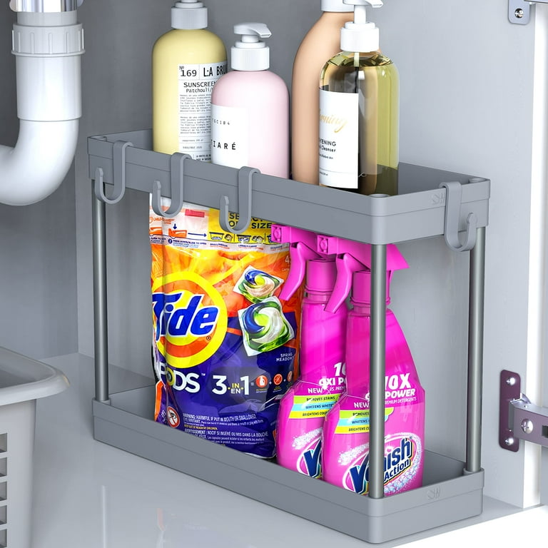 SimpleHouseware Under Sink Organizer 2 Tier Storage Tray for Bathroom KitchenCabinet w Hooks Grey